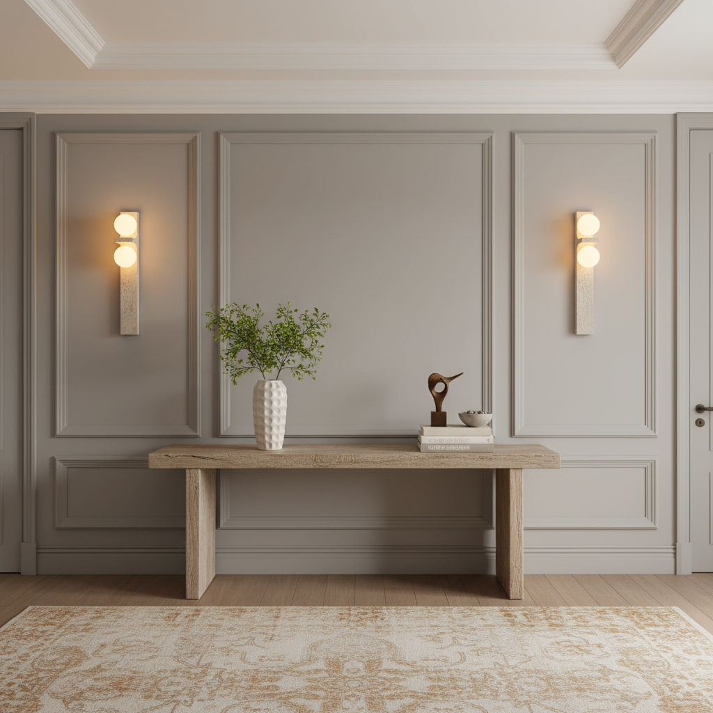 A minimalist hallway with gray paneled walls features two Semia Travertine Wall Sconces from Morsale.com, a wooden console table, white vase with green foliage, small abstract sculpture, decorative bowl, and a patterned rug.