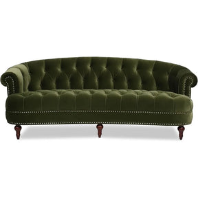 The Morsale Chesterfield Velvet Tufted Sofa in olive green features a slightly curved back, rolled arms, and silver nailhead trim on four wooden legs. Its plush seat and backrest provide cushioned comfort, while easy assembly ensures a seamless addition to any elegant space.