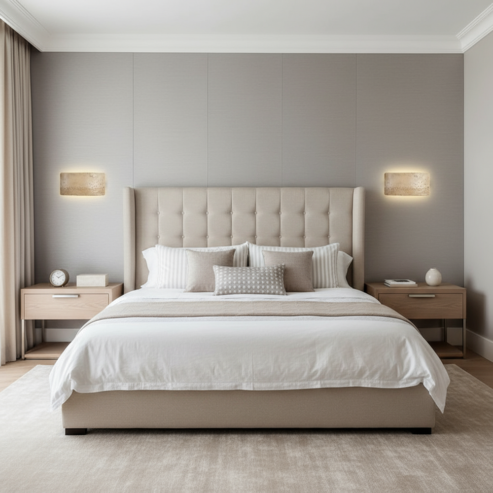 A modern bedroom with a beige upholstered bed, white-gray bedding, wooden nightstands, lamps, a round clock, and neutral decor. The Sovana Travertine Wall Sconce by Morsale.com adds style to the light gray wall as natural light fills the space.