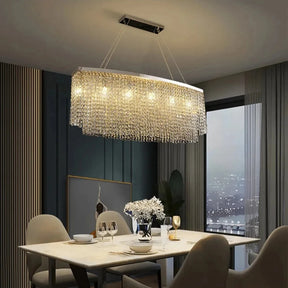 Modern dining room with Alleri Crystal Dining Room Chandelier showcasing handmade crystals and elegant lighting above a stylish dinner table.