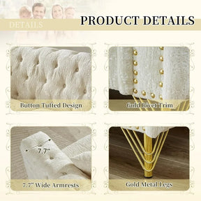 A collage of four images showcases the Button Tufted Sofa Couch by Morsale, featuring its button tufted design, gold rivet trim, 7.7-inch wide armrests, and gold metal legs. Text labels highlight its composite fabrics and easy assembly installation.