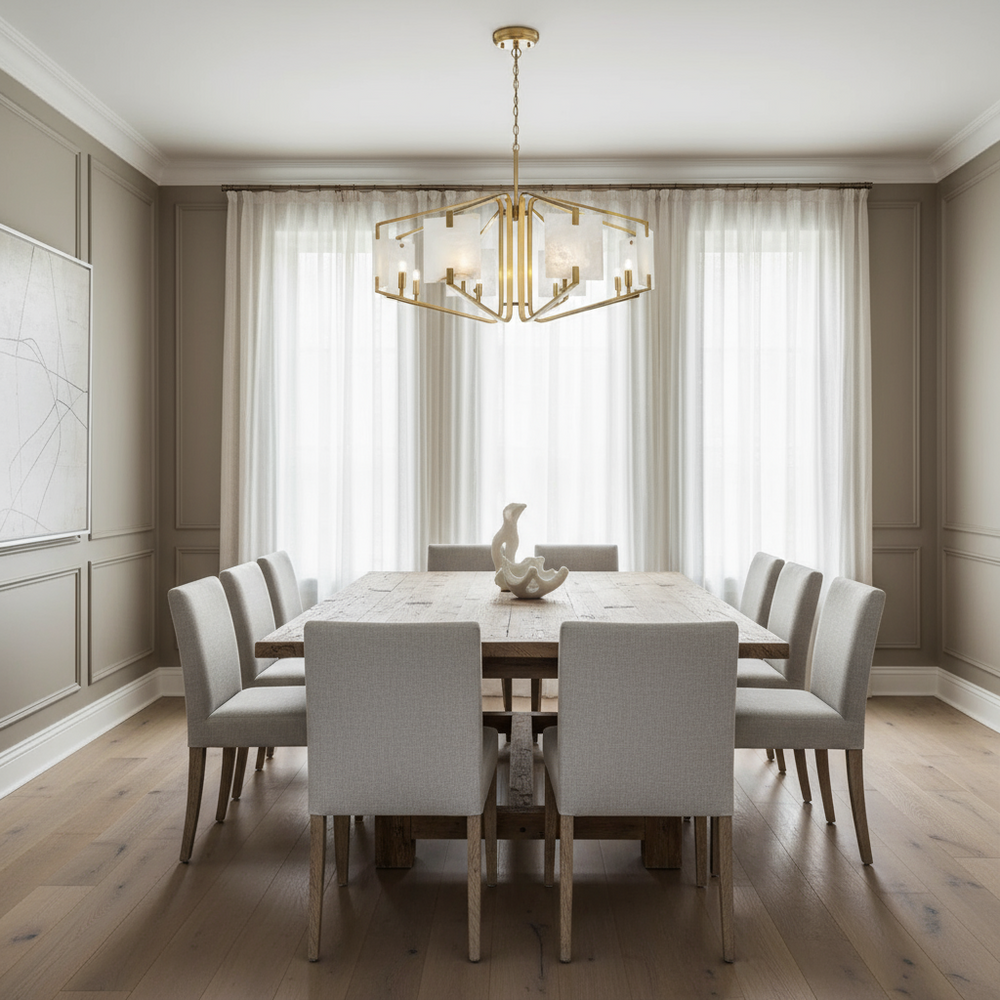 
                  
                    A modern dining room with a wooden table, eight upholstered chairs, the Morsale Jeff Morgan Modern Chandelier for ambient lighting, light wood floors, neutral walls, sheer curtains, and a minimalist sculpture centerpiece.
                  
                