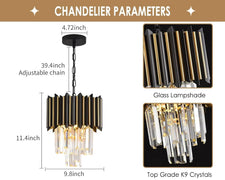 The Gio Crystal Dining Area Light Fixture by Morsale is a black and gold chandelier with handmade K9 crystals and glass lampshades. It features a 39.4-inch adjustable chain, measures 9.8" wide by 11.4" high, has a stainless steel body, and uses E12*3 bulbs (not included).