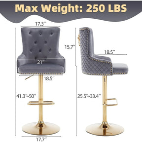 The Morsale Diamond Lattice Wingback Counter Stools Set of 4 showcases two views of gray bar stools with cushioned, quilted backrests in velvet finish. Featuring a gold base, footrest, and adjustable height from 25.5 to 50 inches, these modern pieces hold up to 250 lbs each—ideal for home use.