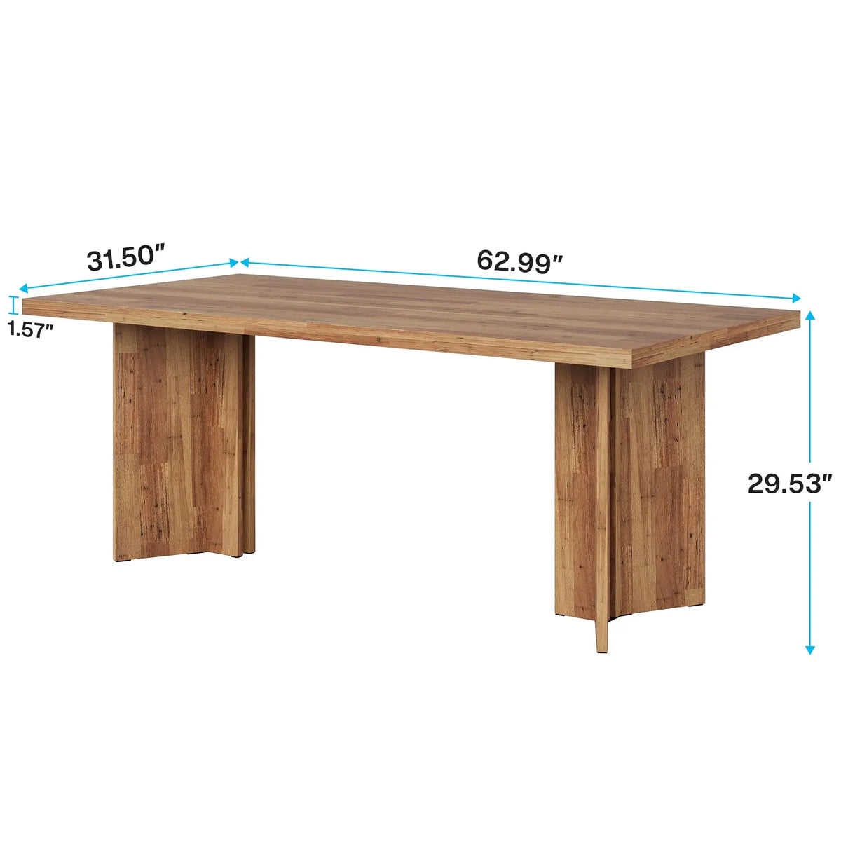 The Morsale Tribesigns 63-inch Dining Table boasts a minimalist wooden rectangular design with two vertical panel legs. It measures 62.99" L x 31.50" W x 29.53" H and has a tabletop thickness of 1.57", ideal for contemporary spaces.