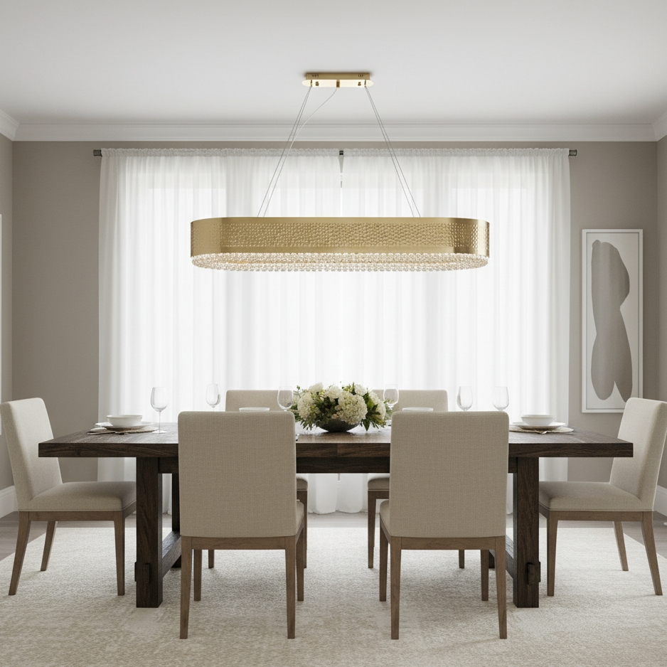 A modern dining room features a dark wood table, six beige upholstered chairs, a white flower centerpiece, and the Giovanni Gold Plated Crystal Dining Room Chandelier by Morsale.com, set against white curtains and neutral walls.