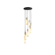 Introducing the Natural Marble Pendant Modern Chandelier by Morsale.com, a sophisticated hanging chandelier with five cylindrical frosted glass shades arranged at varying heights. Each shade is elegantly suspended by a thin metal rod attached to a sleek, circular black ceiling mount. Equipped with dimmable LED bulbs, this chandelier emits a soft, warm glow perfect for creating an inviting ambiance.