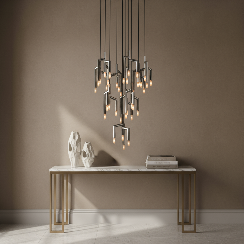 A modern room features a marble-top console with white abstract sculptures and books. Above, the Morsale.com Rockwell 40-Light Chandelier in stainless steel hangs against taupe walls, creating a minimalist vibe.