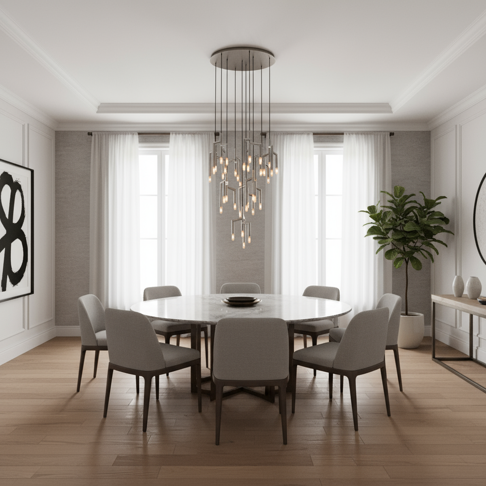 A modern dining room with a round table, eight upholstered chairs, large windows with sheer curtains, wall art, a potted plant, light wood flooring, and the Rockwell 40-Light Chandelier by Morsale.com.