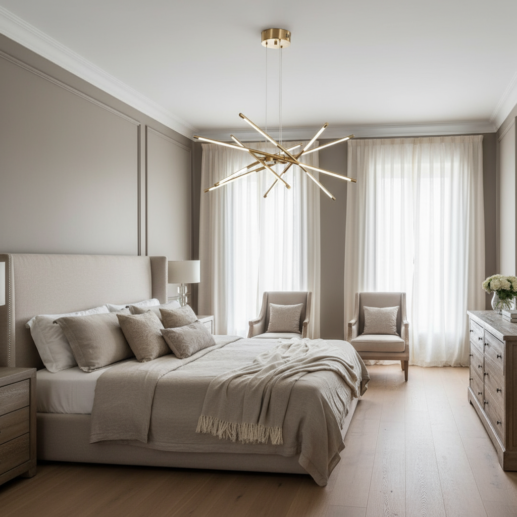 Modern bedroom with neutral tones, featuring a large upholstered bed, matching pillows and blanket, two armchairs by a bright window with sheer curtains, wooden dressers, and illuminated by the Morsale Lucera 12-Light Modern LED Chandelier.