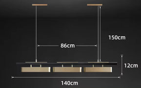 The Marini Brass Dining Room Light Fixture by Morsale.com is a modern pendant light featuring three rectangular lights suspended from the ceiling, displayed against a dark background. With a luxurious design, it boasts dimensions of 86 cm in width for the light section, a total height of 150 cm including the cables, 12 cm in height for each light, and an overall width of 140 cm.