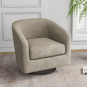 A Morsale Swivel Barrel Accent Chair with ergonomic support sits on a textured carpet in a room with light walls. A glimpse of a white plant pot with green leaves is seen near a window with shutters, enhancing the cozy ambiance.