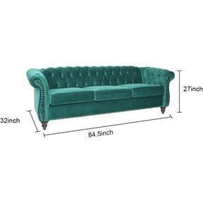 The Morsale Modern Chesterfield Sofa Couch is a green velvet piece with a tufted back, rolled arms, nailhead trim, and dark wooden legs. Its dimensions are 84.5"L x 32"H x 27" seat height—a true standout for any modern home.