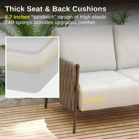 Experience ultimate comfort with the Morsale Kington Waterproof Outdoor Sofa, featuring thick white 6.7-inch "sandwich" cushions with high-elastic 24D sponge for relaxation without chemical concerns. It complements any wooden deck and lush green lawn backdrop beautifully.