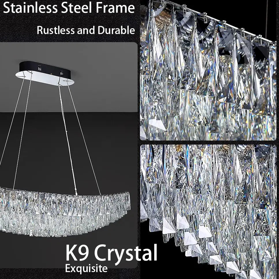 An elegant Gio Crystal Dining Room Light Fixture by Morsale.com with a stainless steel frame and K9 crystal design. Multiple triangular crystal pieces hang in a curved line, reflecting light beautifully. The text reads "Stainless Steel Frame - Rustless and Durable" and "K9 Crystal - Exquisite". Perfect for modern home lighting.