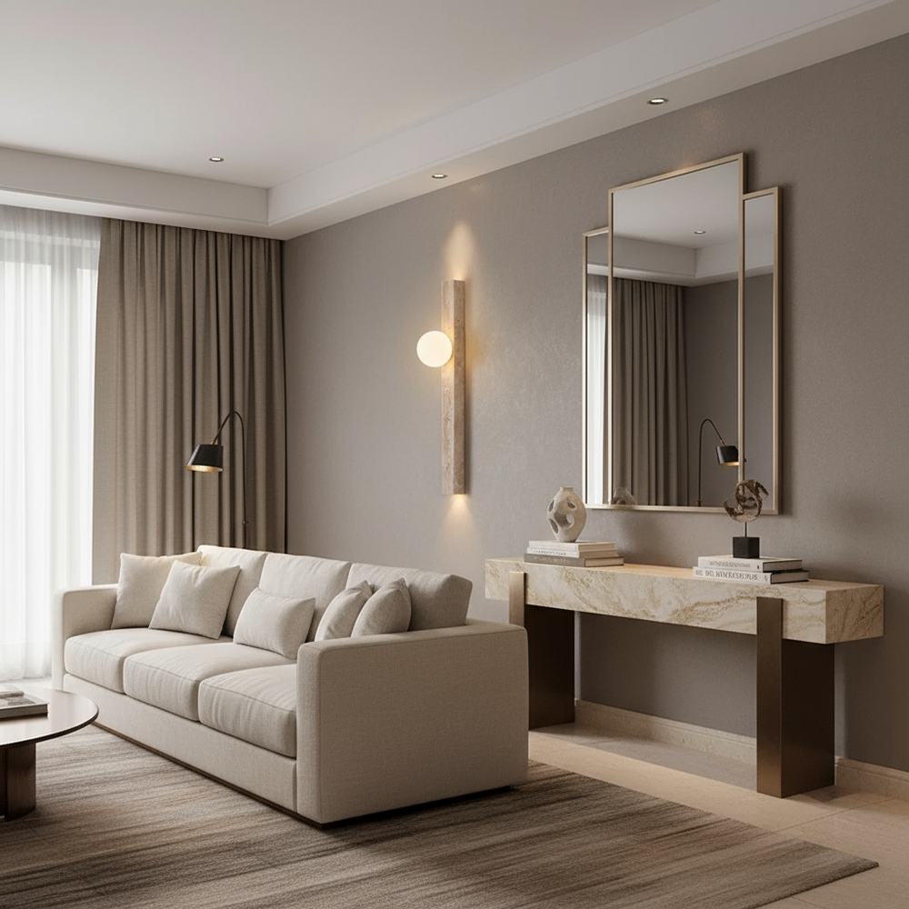 
                  
                    A modern living room with a beige sofa, neutral walls, a marble console table, large mirror, and floor-to-ceiling curtains features ambient lighting from the Morsale Verona Natural Travertine Wall Sconce—all in a minimalist style.
                  
                