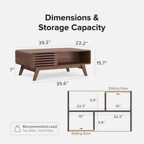 The Morsale Ensley Wood Coffee Table is ideal for living rooms, offering a mid-century modern style with dimensions of 39.2"L x 23.2"W x 15.7"H. It includes a split section with sliding doors for storage and supports up to 50 lbs on top and 10 lbs per shelf.