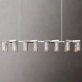 The Leroi Chrome Dining Room Chandelier by Morsale is a modern rectangular fixture with a metallic frame, featuring ten cylindrical glass light fixtures evenly spaced along the length. Each elegant light fixture houses a visible bulb, and the chandelier is suspended by two thin cables against a plain grey background.