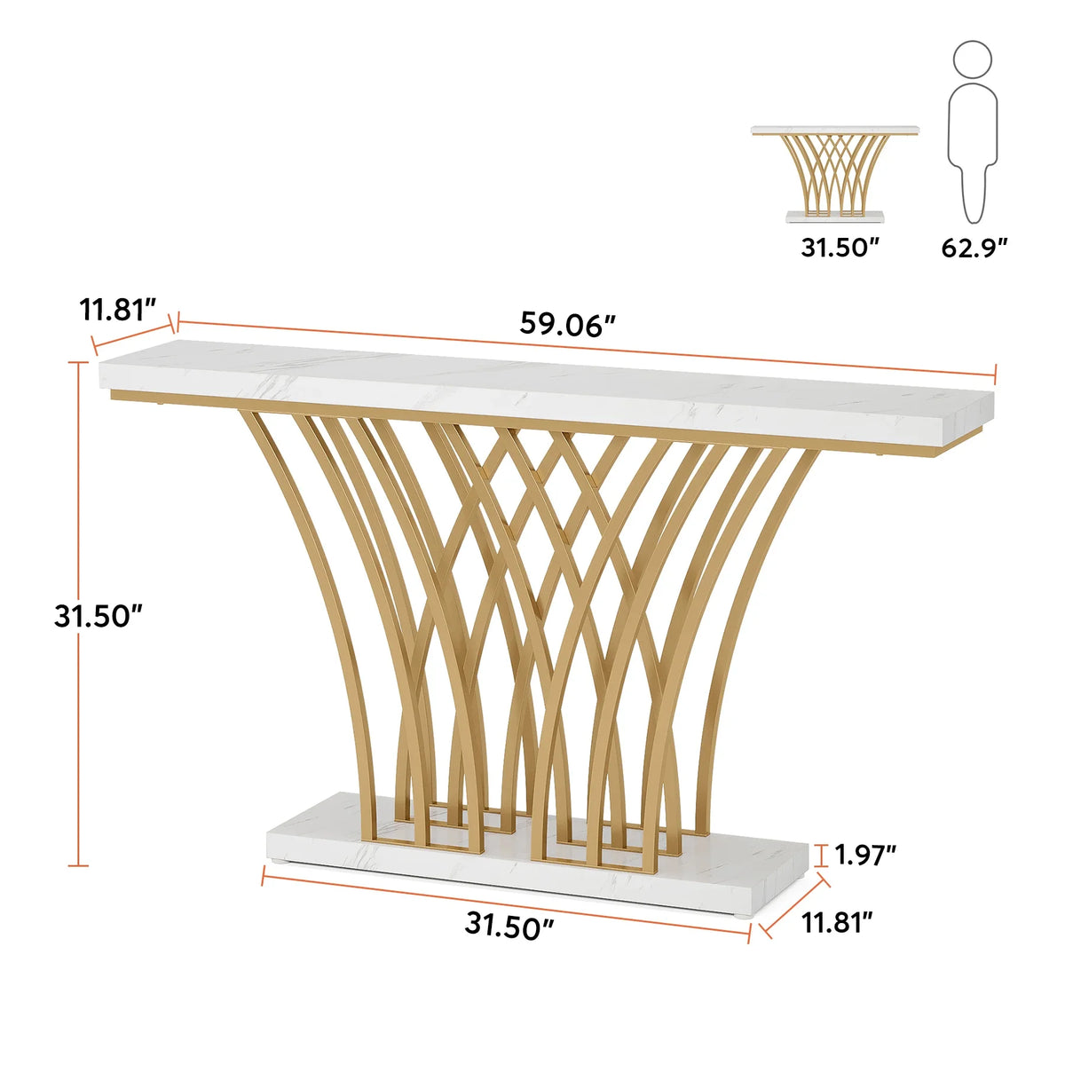 The Morsale Bassett Entryway Table features a faux marble top and gold metal lattice base, adding elegance to any space. Dimensions: H 31.5", W 59.06", D 11.81". An illustration shows it next to a person who's 62.9" tall for size reference.