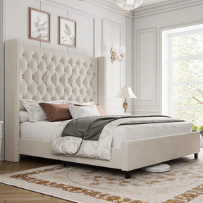 The elegant bedroom showcases a Morsale Velvet Tufted Bed With Headboard, adorned with patterned pillows and a throw. Soft lighting highlights ornate wall panels and a window overlooking greenery. A vacuum robot peeks out from beneath the bed on the patterned rug.