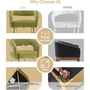 Comparison chart of two dining chairs. Left: Morsale's Velvet Dining Room Chairs offer olive-green velvet, breathable material, a modern style, and stable cross-legs. Right: "Others" have standard ventilation and construction. Text highlights "breathable" and "wider" features for the first chair.