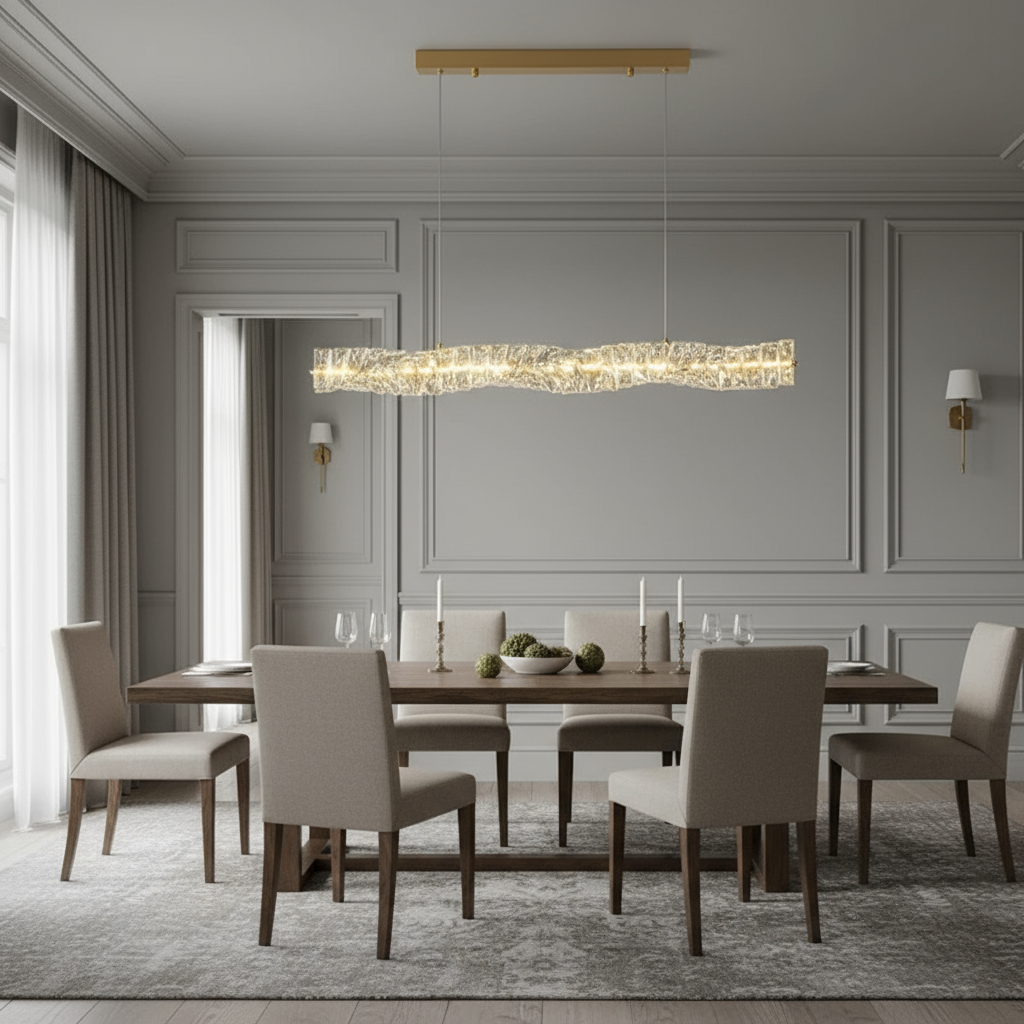 A modern dining room with a wooden table, six beige chairs, a gray rug, and panel walls features the Bacci Modern Linear Crystal Dining Chandelier by Morsale.com above the set table, as natural light fills the elegant space.