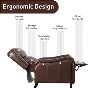 Image of the Morsale Chester Genuine Leather Recliner Chair, a luxury item featuring ergonomic benefits: head support, lumbar high-density foam, spine-friendly design, pressure relief, and improved blood circulation. It has a sleek appearance in dark brown leather.