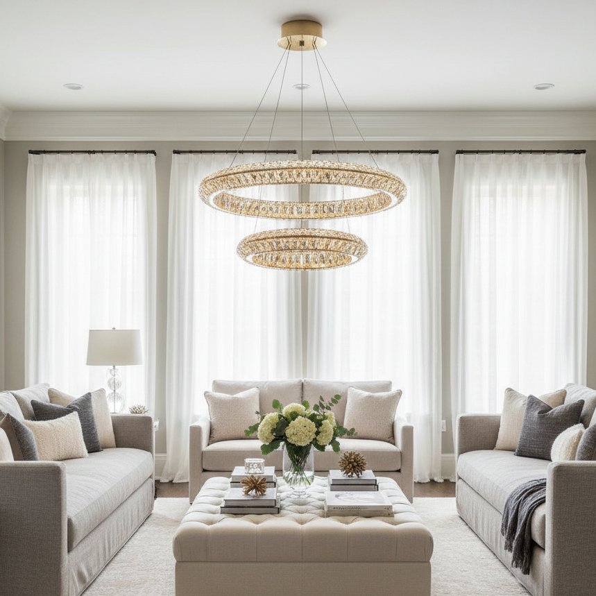 
                  
                    Elegant living room featuring two beige sofas, a tufted ottoman coffee table, flower arrangement, decorative books, and the Bacci Modern Chandelier by Morsale.com. White sheer curtains fill the space with natural light for a cozy vibe.
                  
                