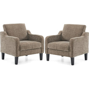 The Morsale Living Room Armchairs set includes two brown upholstered chairs with padded seats, rounded armrests, and four black wooden legs each. Their simple modern design allows for easy assembly and positioning as they face one another.