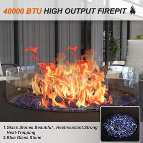 The Westhill 5-Piece Patio Furniture Set With Fire Pit by Morsale includes a round fire pit with glass walls and blue stones, offering a lively 40,000 BTU flame. It's easy to assemble and perfectly complements the surrounding modern grey and white outdoor seating.