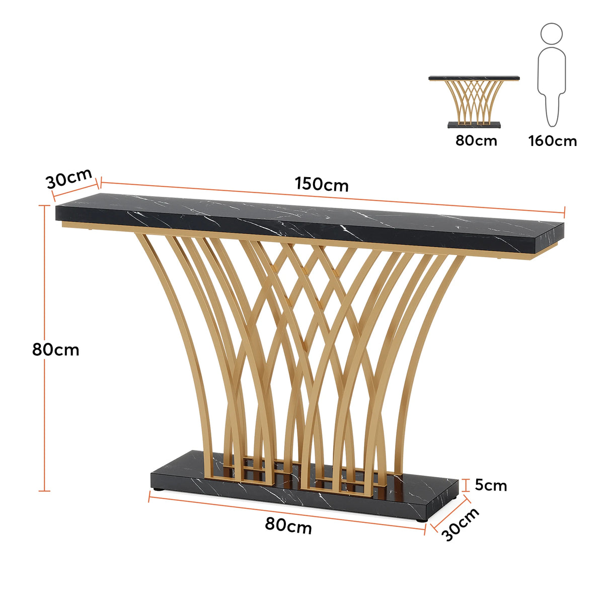 The Morsale Bassett Entryway Table features a sleek black faux marble top and a geometric gold metal base. It measures 150 cm wide, 30 cm deep, and 80 cm high, with elegance showcased next to a person who is 160 cm tall for scale.