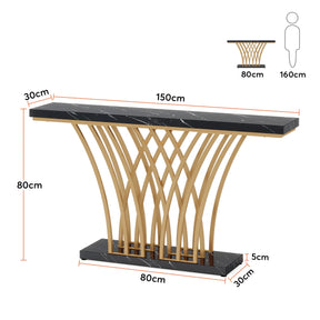 The Morsale Bassett Entryway Table features a sleek black faux marble top and a geometric gold metal base. It measures 150 cm wide, 30 cm deep, and 80 cm high, with elegance showcased next to a person who is 160 cm tall for scale.