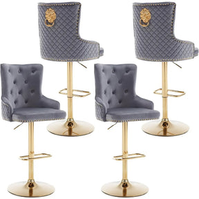 The Morsale Diamond Lattice Wingback Counter Stools set of four features gray quilted seats and gold bases, boasting a modern style. With lion head backrests, brass nailhead trim, tufted appearance, and adjustable height, these stools offer the luxury of velvet dining chairs in a stylish home furniture gem.