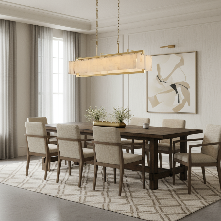 
                  
                    A modern dining room with a rectangular wooden table, eight cushioned chairs, a geometric rug, large windows with sheer curtains, abstract art on a textured wall, and the Morsale Stanton Brass & Marble Dining Chandelier.
                  
                