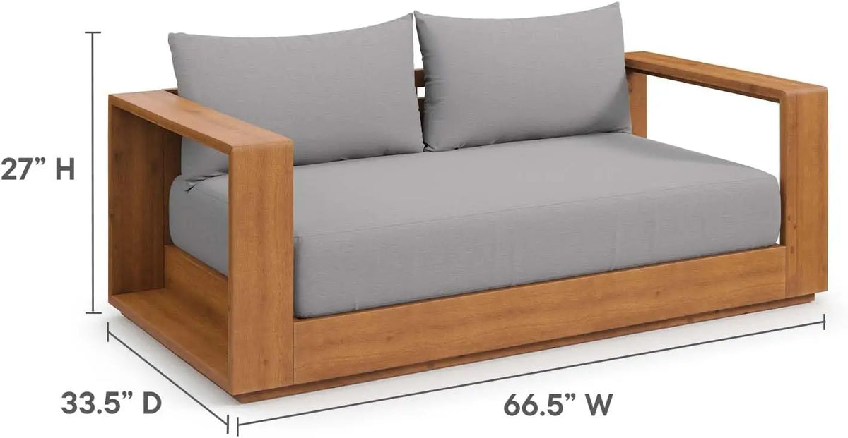 Experience modern comfort with the Morsale Tahoe Acacia Wood Outdoor Patio Loveseat, featuring gray cushions. It measures 27"H x 33.5"D x 66.5"W and includes thick armrests. Crafted in the US for effortless assembly and timeless style.