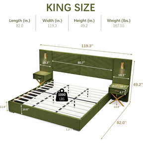 Diagram of the Morsale King Size Bed showing a green velvet-upholstered headboard (119.3" wide), floating bedside tables with lights, and dimensions of 82" L x 82" W x 49.2" H. Frame supports up to 1000 lbs.
