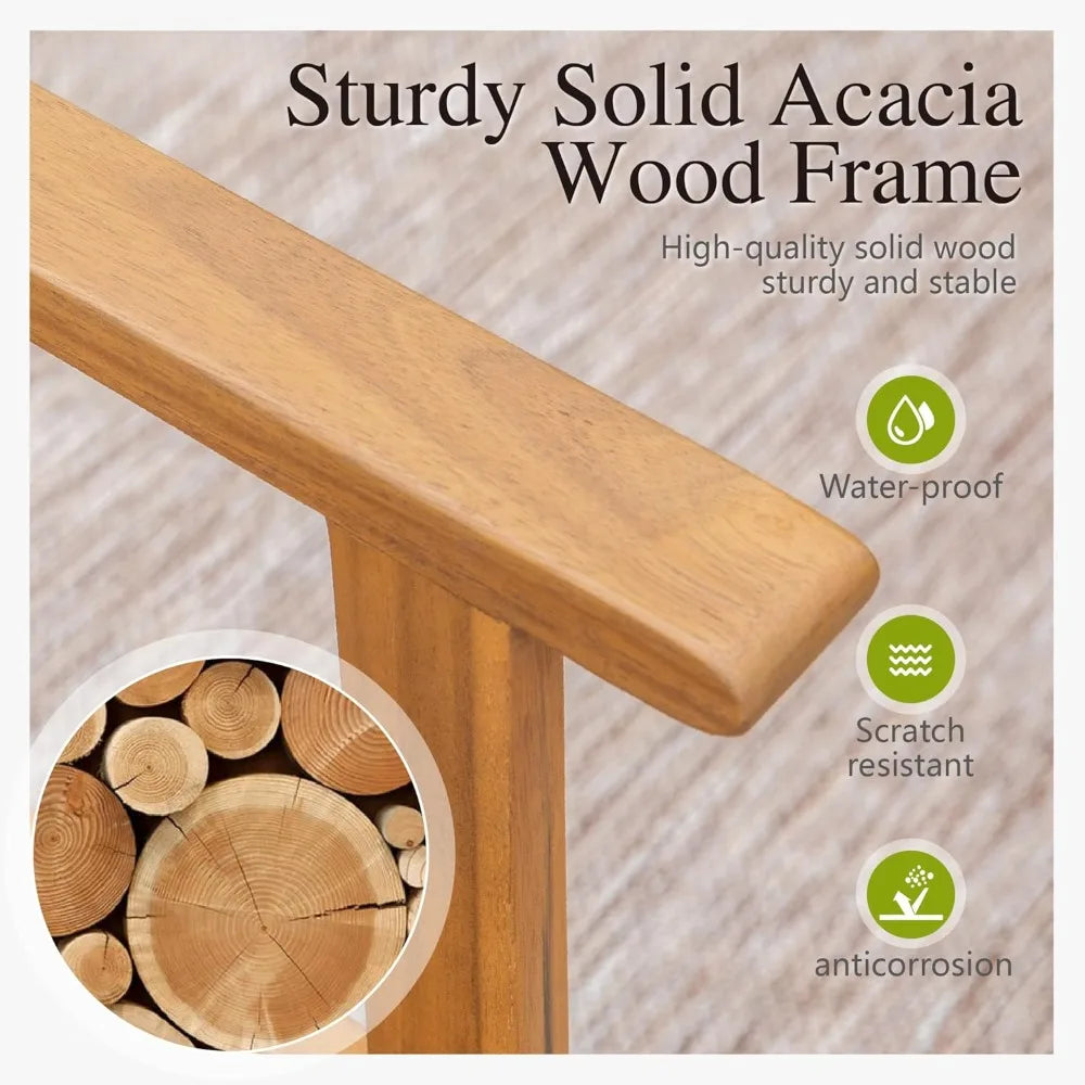 The Morsale Brackley 9-Piece Outdoor Dining Set features a close-up of a tropical acacia wood frame with a circular inset image of wood cross-sections and highlights its smooth, "Sturdy Solid Acacia Wood Frame," "Water-proof," "Scratch resistant," and "Anticorrosion." Ideal for 8 seats.