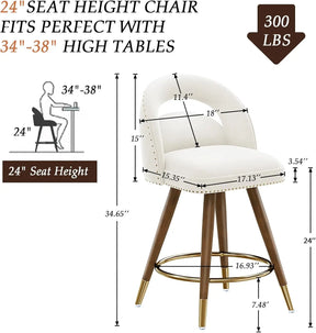 Illustration of the Morsale Counter Height Swivel Bar Stool with a 24-inch seat height, ideal for tables 34-38 inches high. It supports up to 300 lbs and includes measurements. Inset shows ergonomic fit at a table and easy assembly; made in Mainland China.