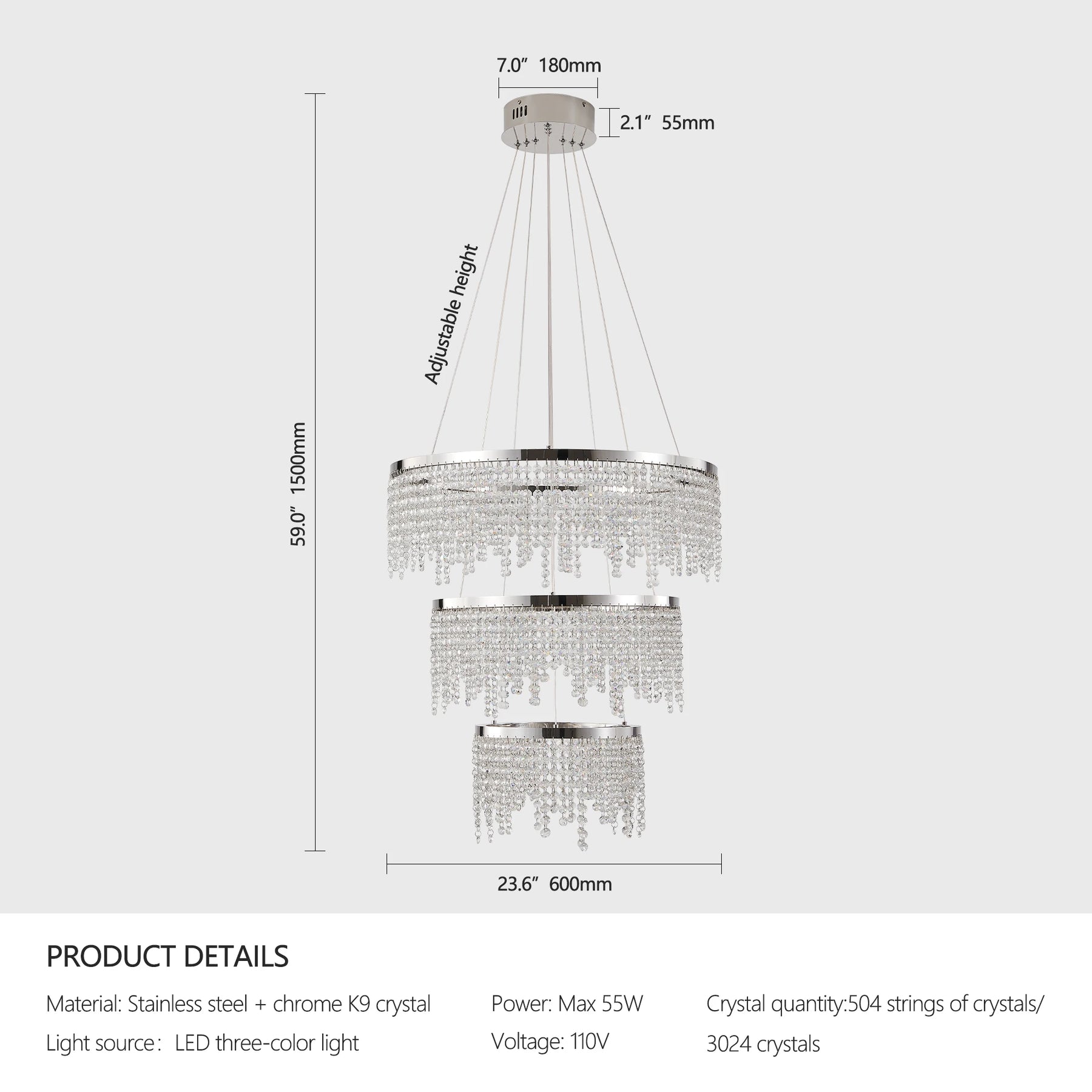 The Alleri 3-Tier Crystal Chandelier by Morsale is a modern, luxurious pendant light with a stainless steel frame and three tiers adorned with 3024 K9 crystals. It measures 23.6" wide and 59" high, has adjustable height, an LED three-color light source, max power of 55W, and features illuminating elegance.