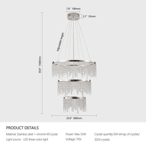 The Alleri 3-Tier Crystal Chandelier by Morsale is a modern, luxurious pendant light with a stainless steel frame and three tiers adorned with 3024 K9 crystals. It measures 23.6" wide and 59" high, has adjustable height, an LED three-color light source, max power of 55W, and features illuminating elegance.