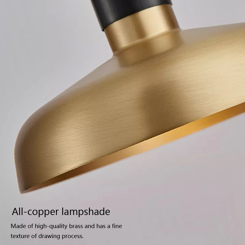 Close-up of the Morsale All Copper Modern Pendant Light featuring a brushed texture. The text in the image describes it as crafted from high-quality brass, evoking an Art Deco style, with a fine texture resulting from its drawing process.