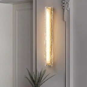 A stylish Postmodern Luxury Glass & Copper Wall Sconce by Morsale, featuring an elegant chain-like pattern, casts a warm glow on a light gray paneled wall. Positioned beneath the sconce is a green potted plant with delicate fern-like leaves.