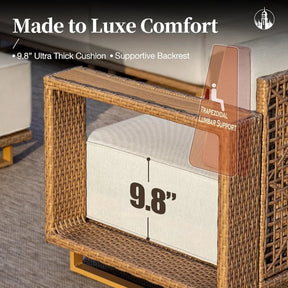 Close-up of the Morsale Burton Outdoor Rattan Wicker Sofa Sectional showcases its 9.8-inch ultra-thick cushion. Highlights include "Made to Luxe Comfort," a "Supportive Backrest," and "Trapezoidal Lumbar Support." Its rattan design elegantly complements any modern style, similar to an L-shaped sofa.