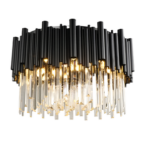 The Vigo Crystal Ceiling Chandelier from Morsale.com features modern black cylindrical rods at the top and cascading handmade crystals below, creating a warm, ambient light.