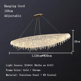 The Alleri Crystal Chandelier For Dining Room by Morsale.com, featuring premium crystals, is an oval-shaped fixture suspended on an adjustable 150cm cord. Measuring L120cm x W30cm x H28cm, it boasts a stainless steel frame available in gold or chrome finishes and uses E14x14 light bulbs—perfect for dining room lighting.