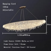 The Alleri Crystal Chandelier For Dining Room from Morsale.com is a modern oval fixture measuring 150cm in length, 30cm in width, and 28cm in height. It features a sophisticated gold or chrome frame adorned with premium K9 crystal accents and comes equipped with 24 E14 bulbs. The adjustable hanging cord extends up to 150cm, making it ideal for dining room lighting.