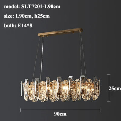 A rectangular chandelier model Lazzo Crystal Ceiling Chandelier by Morsale.com is suspended from a ceiling mount. It features decorative glass elements and uses eight E14 bulbs. The modern crystal chandelier, measuring 90 cm long and 25 cm high, is beautifully adorned with handmade crystals for an elegant touch.