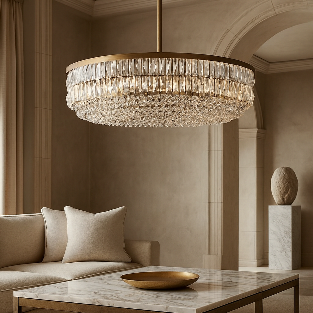 
                  
                    Chandelier hanging above a living room with a sofa and coffee table.
                  
                
