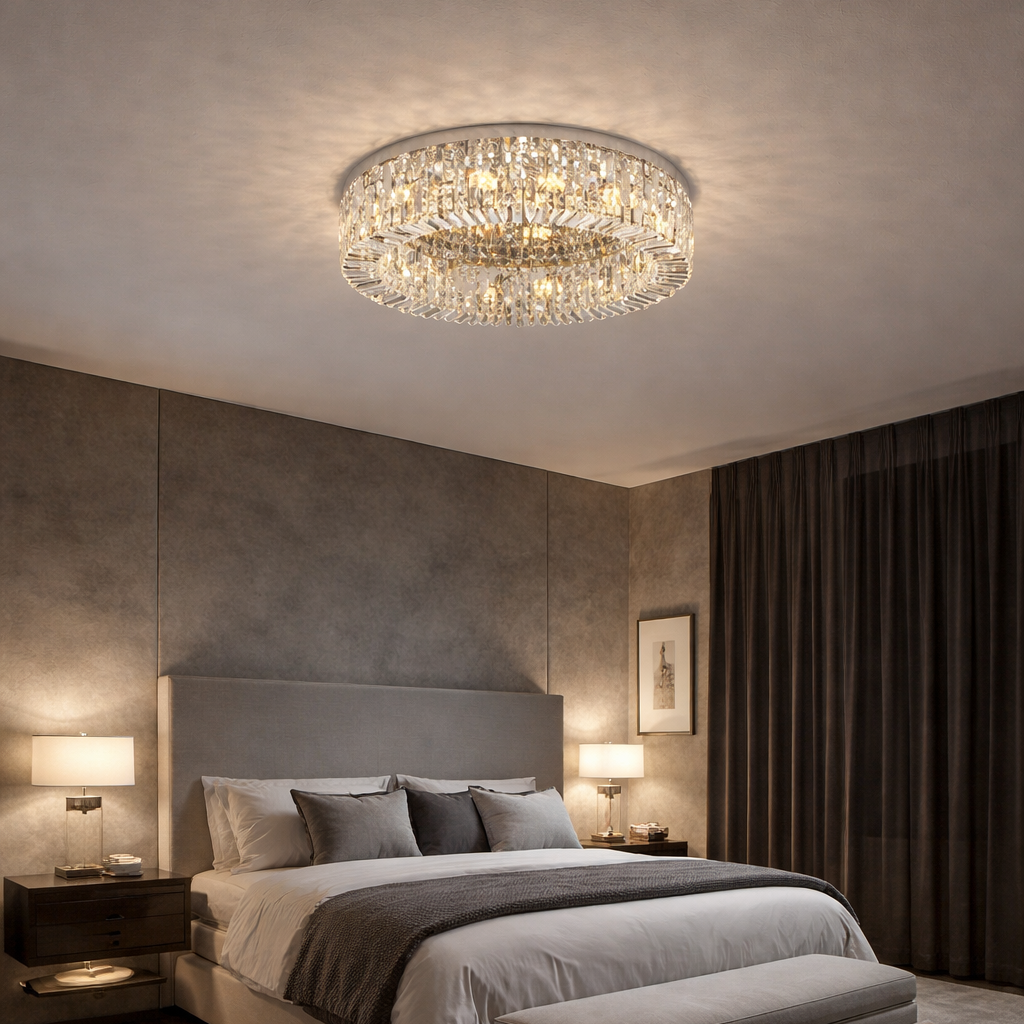 Modern bedroom with a chandelier, bed, and side tables.