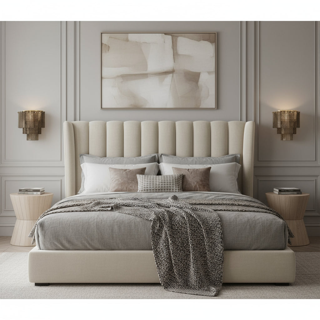 A modern, neutral-toned bedroom features a cream upholstered bed, gray and beige bedding, two wooden nightstands, Palermo Stained Glass Sconces by Chandelier Style for luxe lighting, and an abstract painting above the bed for a calm, minimalist vibe.